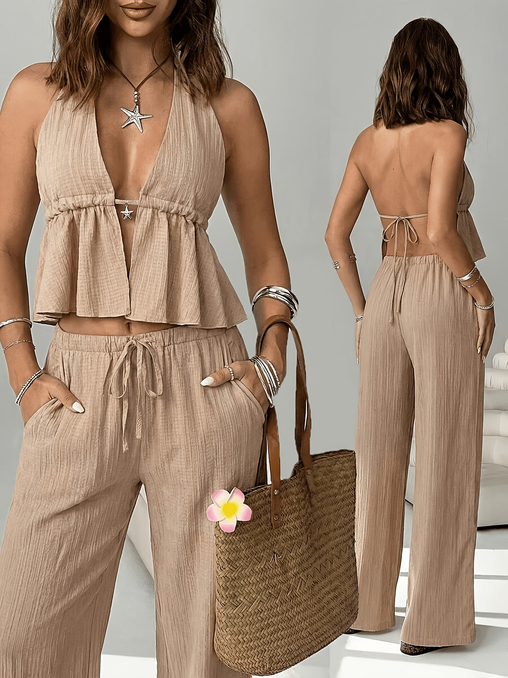 2pcs Outfit, Including a Tie Halter Strapless Top And Wide-Leg Drawstring Pants Set. Suitable for Club Party Wear, Vacation Wear, Women'S Beachwear, Carnival Party Wear, Hawaiian Style Wear, And Island Resort Wear