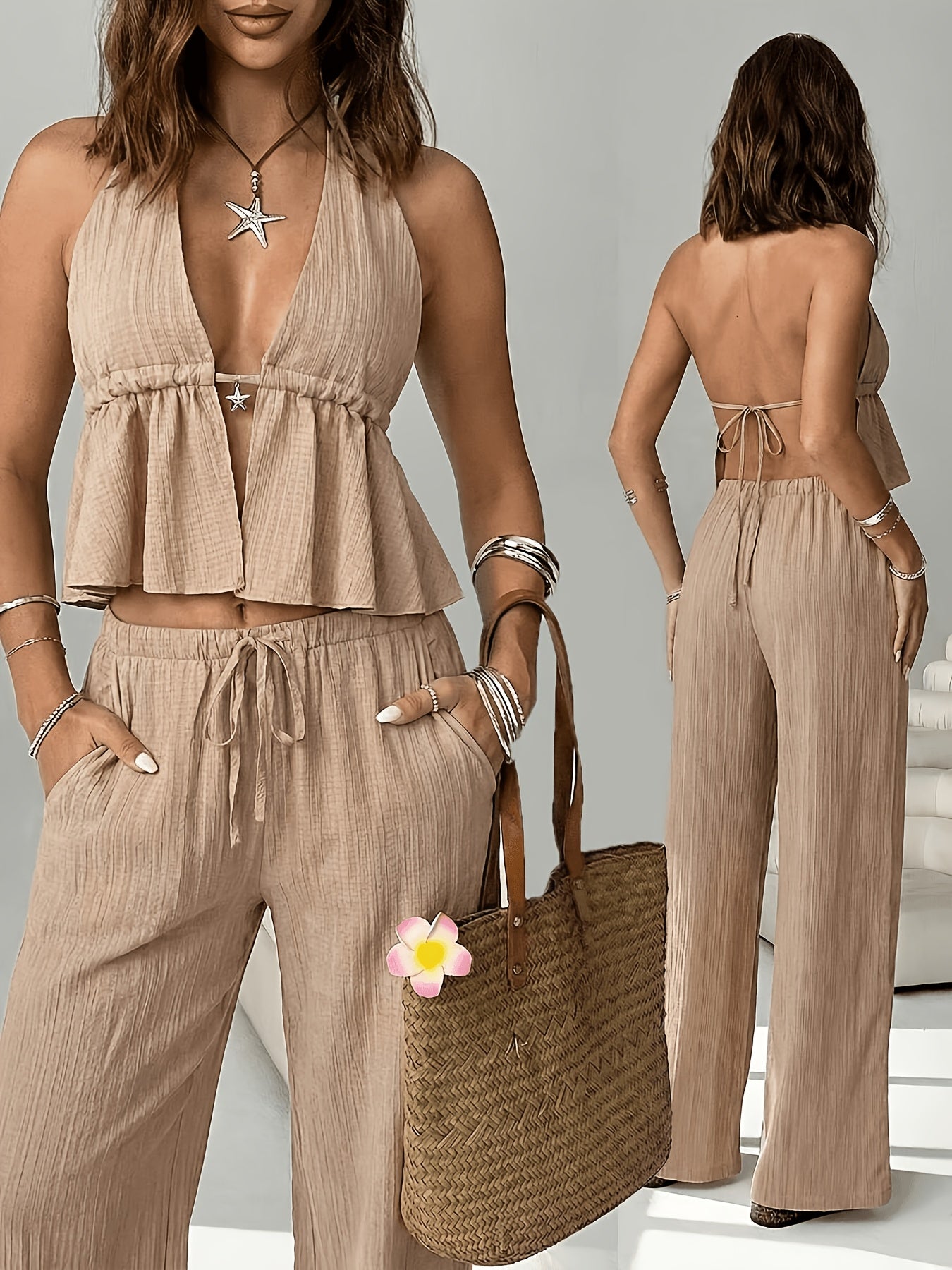 2pcs Outfit, Including a Tie Halter Strapless Top And Wide-Leg Drawstring Pants Set. Suitable for Club Party Wear, Vacation Wear, Women'S Beachwear, Carnival Party Wear, Hawaiian Style Wear, And Island Resort Wear