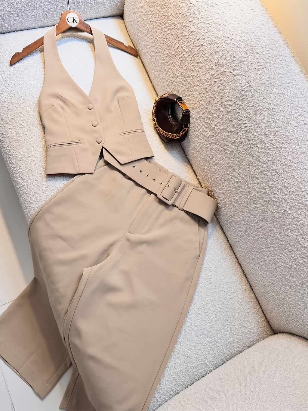 Women'S Solid Color Halter Top And Suit Trousers, Casual Commute Elegant Set