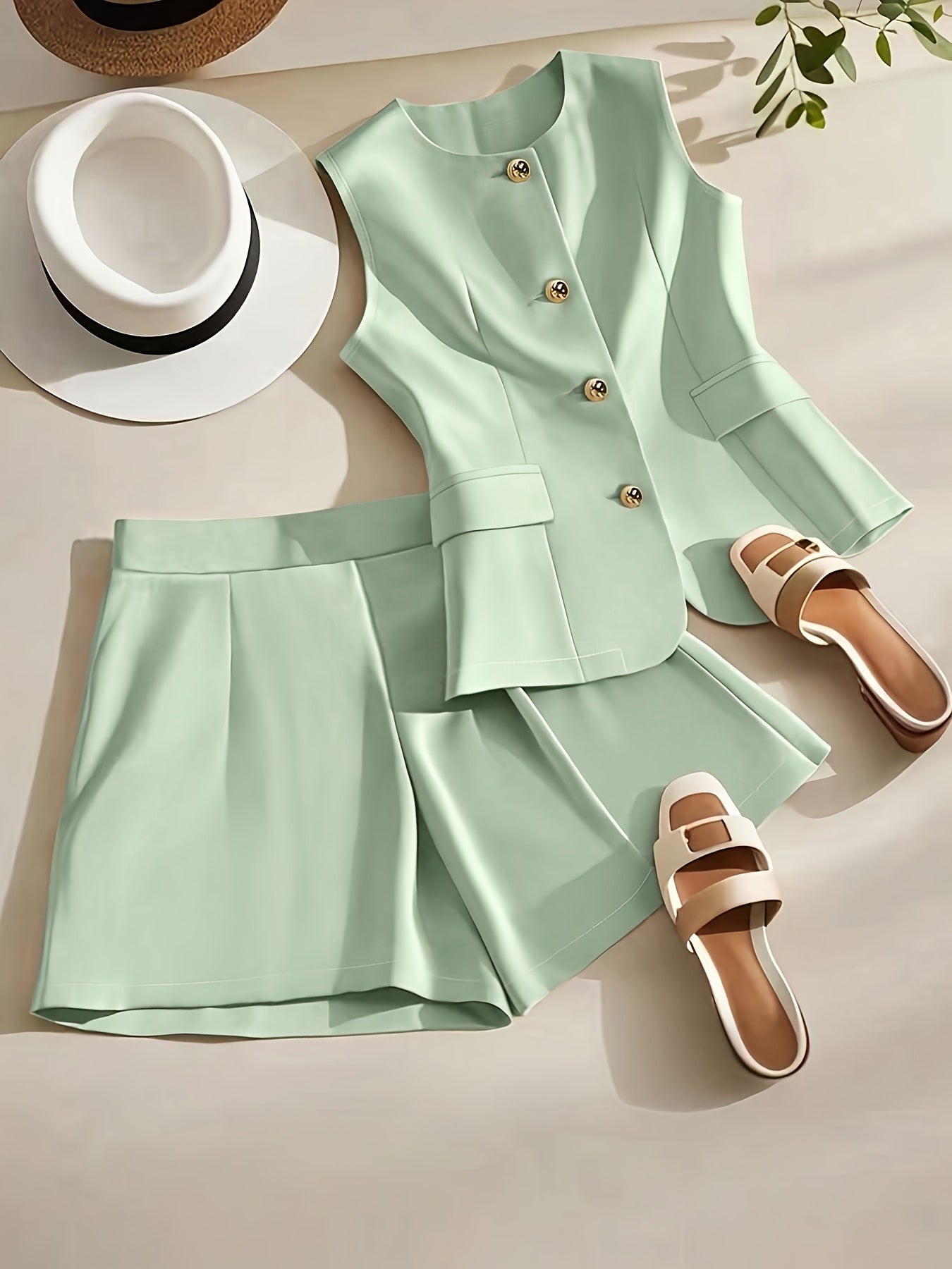 [Solid Color Set] 2pcs Set, Solid Color, Round Neck, Sleeveless, Front-button, Casual and Simple Design