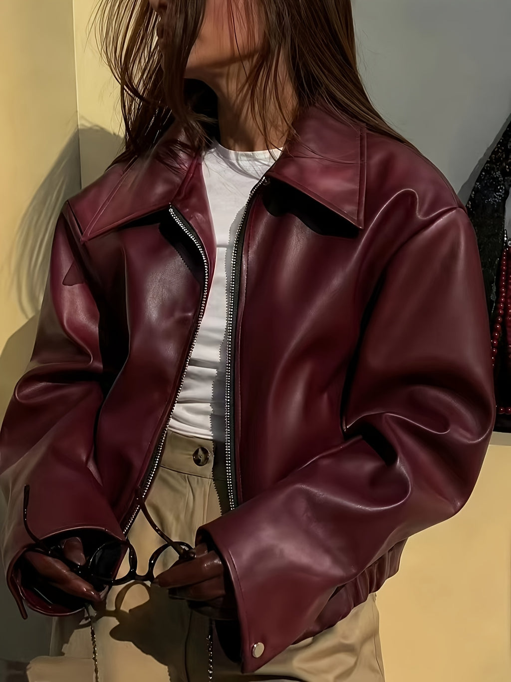 Ladies Fashion Casual Faux Leather Jacket Top