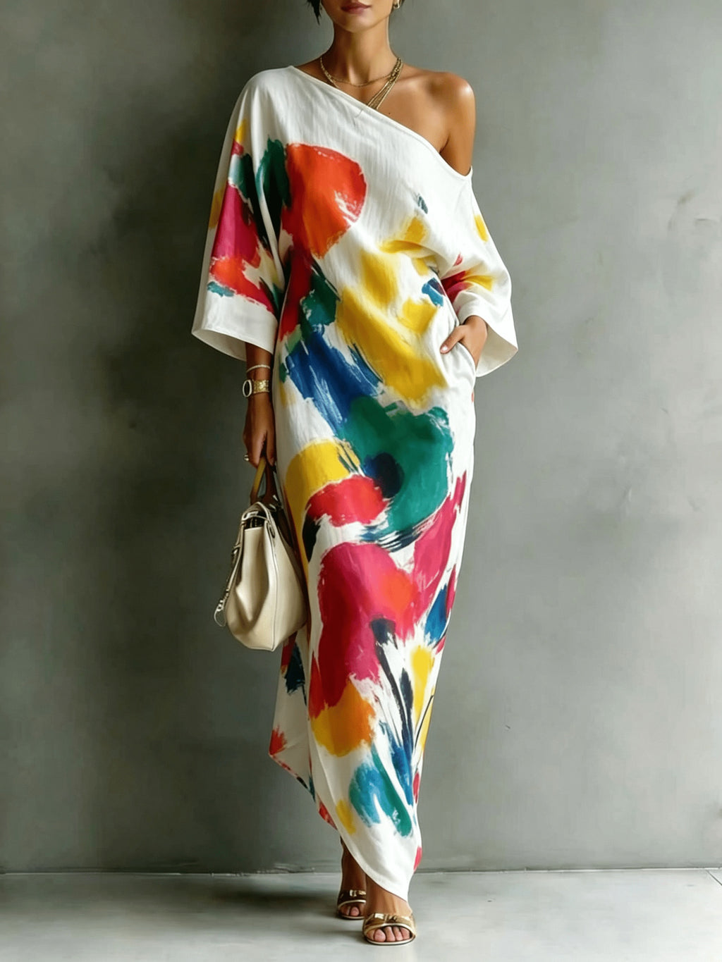 Women'S Fashionable Everyday Wear, Casual And Versatile, Random Print, Asymmetrical Off-Shoulder Neckline, Short-Sleeved Long Dress