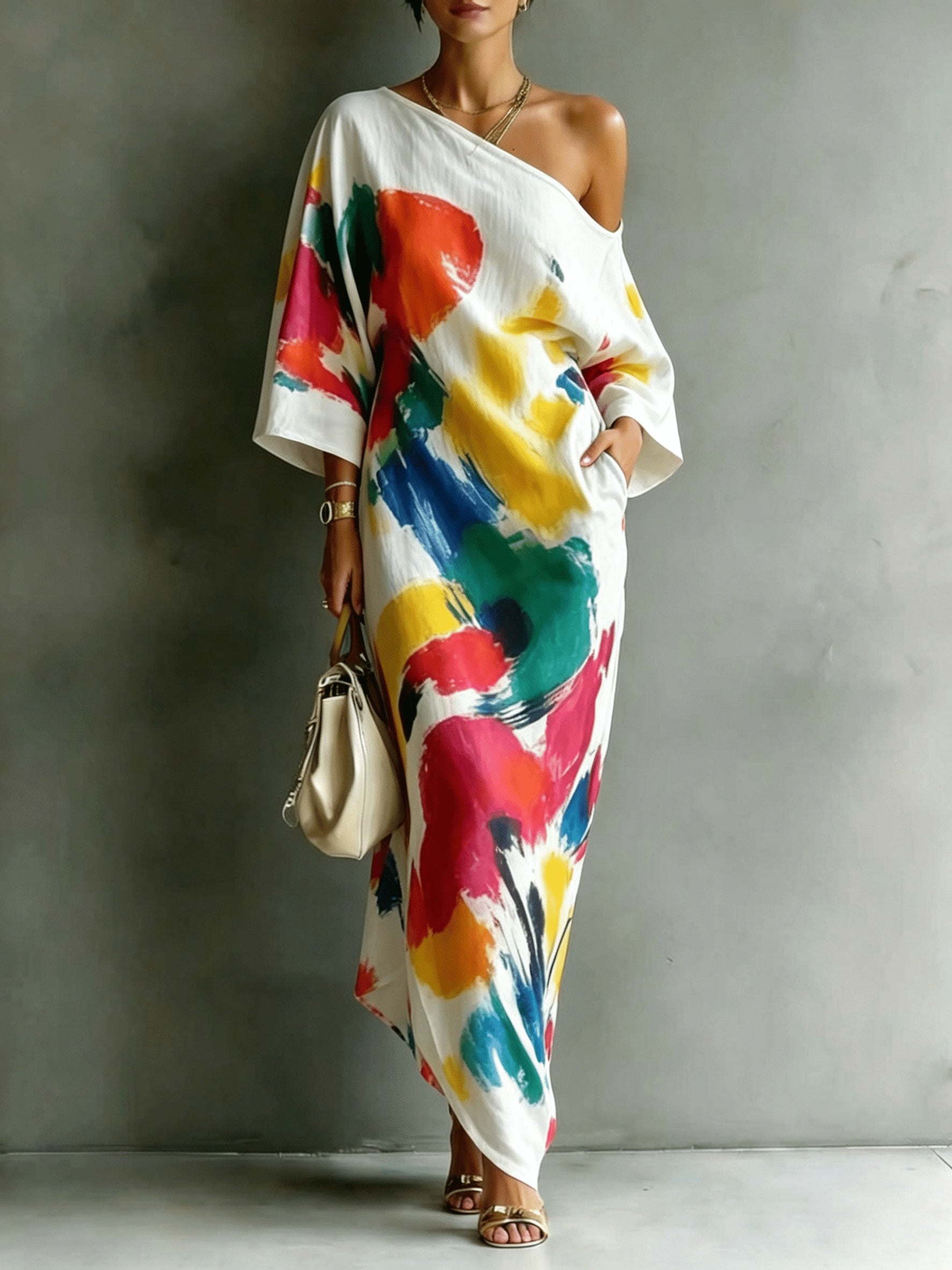 Women'S Fashionable Everyday Wear, Casual And Versatile, Random Print, Asymmetrical Off-Shoulder Neckline, Short-Sleeved Long Dress