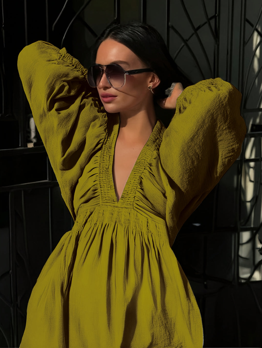 Women's Solid Color Summer -Line Dress with Puff Sleeves & -Neck - Long Sleeve Maxi Dress Suitable for Church, Wedding Guest, Office, Casual Wear - Machine Washable Non-Stretch Blouse Style Dresses