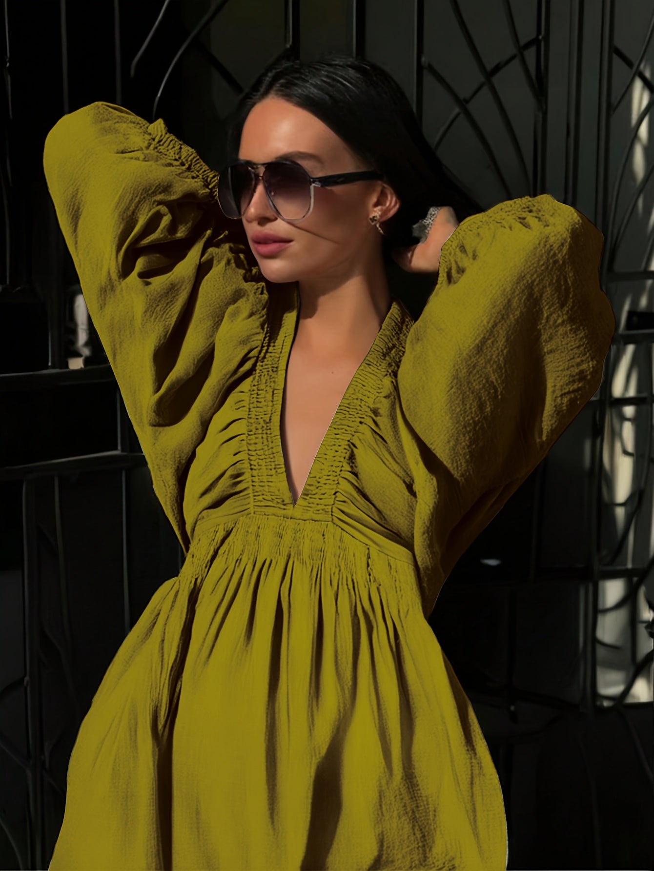 Women's Solid Color Summer -Line Dress with Puff Sleeves & -Neck - Long Sleeve Maxi Dress Suitable for Church, Wedding Guest, Office, Casual Wear - Machine Washable Non-Stretch Blouse Style Dresses
