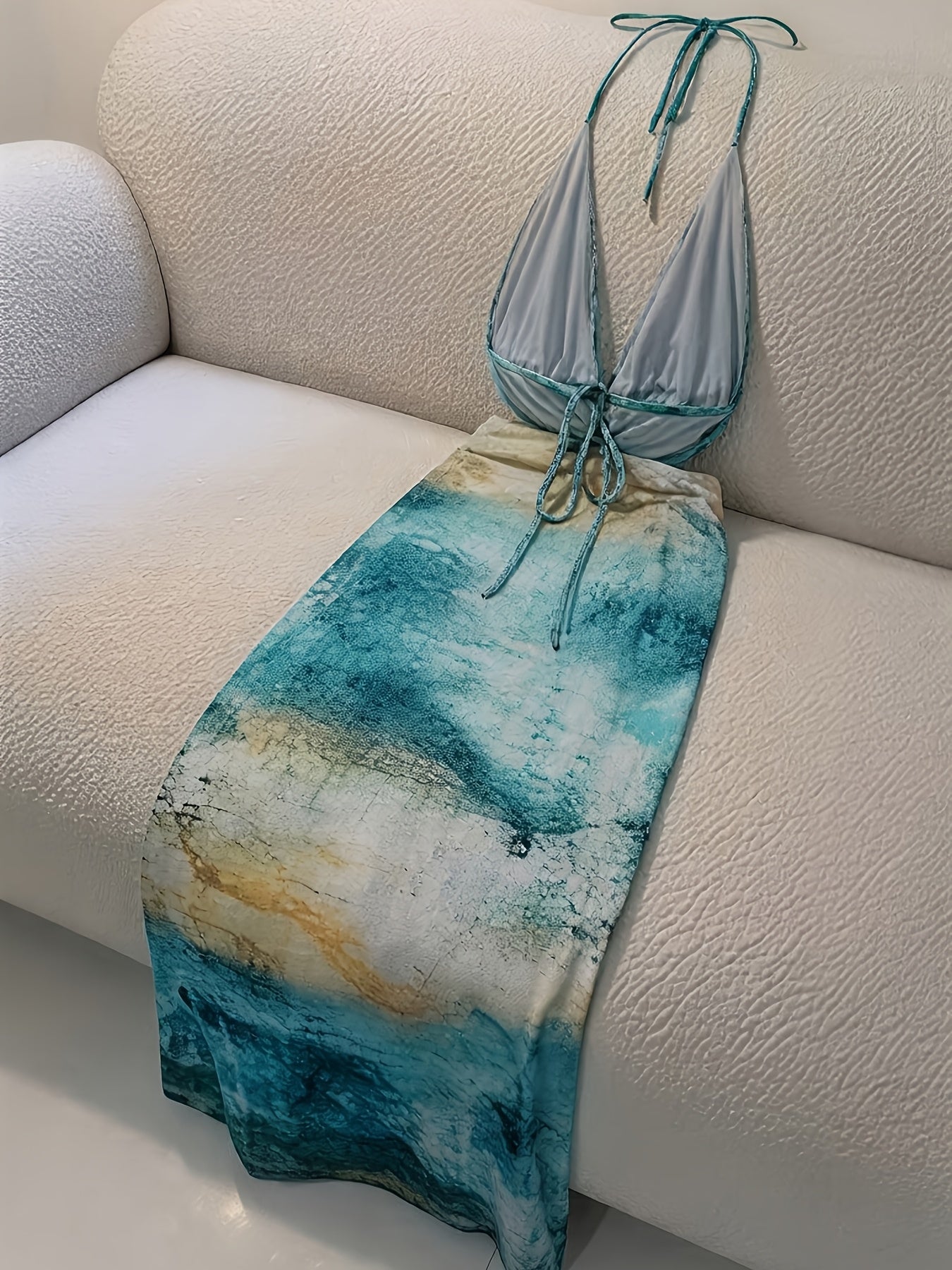 [Halter Evening Gown] Cryseny Women's -Neck Halter Backless Dress - Blue & Golden Gradient Smudged Ink-Wash Sleeveless Evening Gown, Long Dress Suitable for Parties, Weddings, Prom