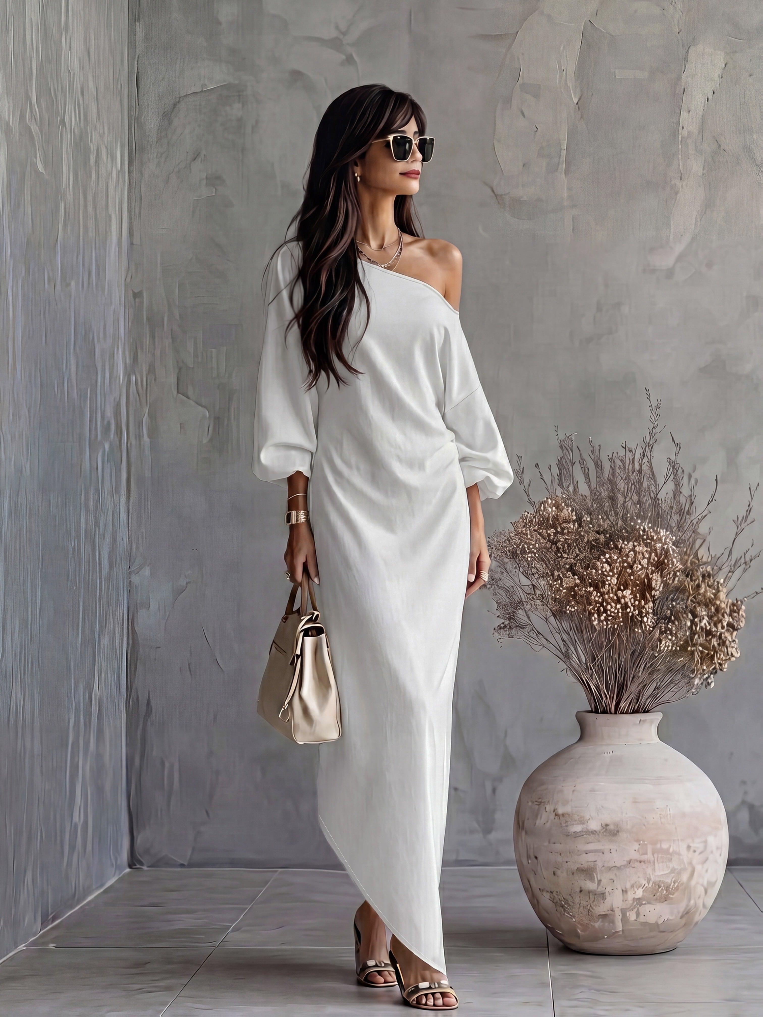 Off-shoulder Backless Tie-up - Long Dress, French-style Casual Loose-fit Puff Sleeve Dress, Vacation-commute Elegant Figure-flattering Long Dress