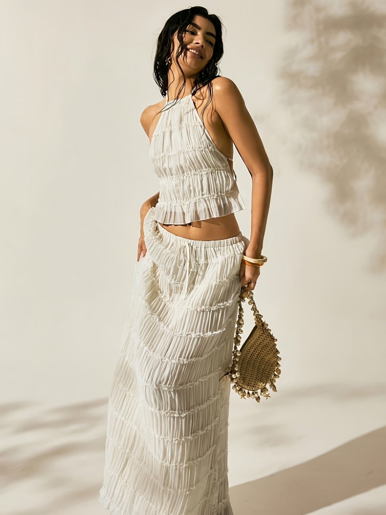 2pcs Women's New Arrival Solid Color Multi-Layered Crafted Fabric Backless Halter Neck Vest Shirt Top with Tie-Detail Long Skirt Set, a Stylish and Elegant Outfit for Seaside Beach Vacations, Outings, Dates, Parties, Street Fashion, Casual Afternoon