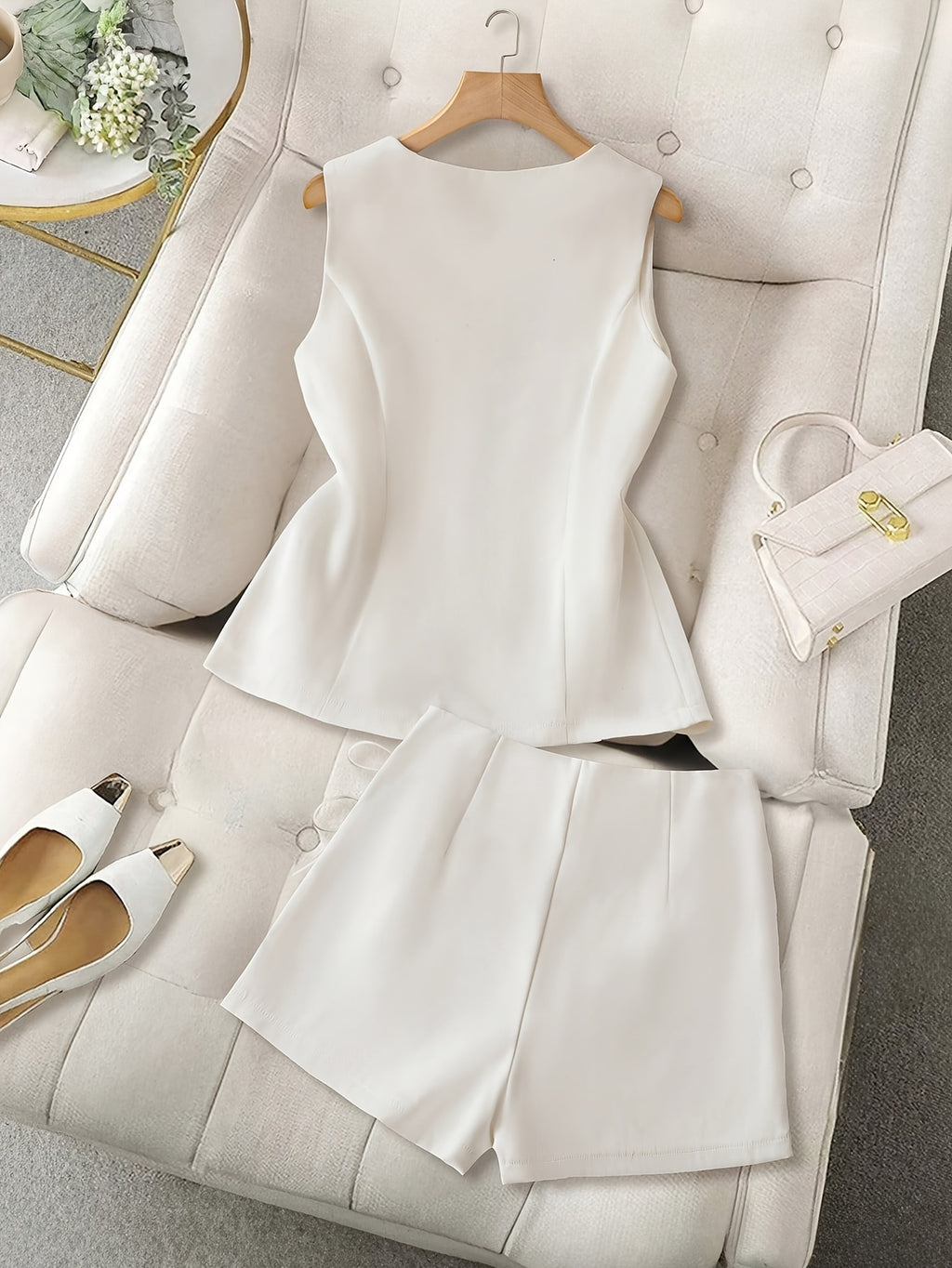 2pcs Solid Color Women's Sleeveless Vest and Mini Skirt Set, Simple and Stylish for Summer