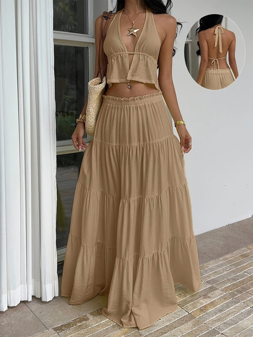 Women's Romantic Vacation Khaki Elegant Halter Top & Layered Ruffle Maxi Skirt Set | Flowing Layered Slim Fit, Full of Atmosphere, Ideal for Beach Strolling and Stunning Seaside Looks