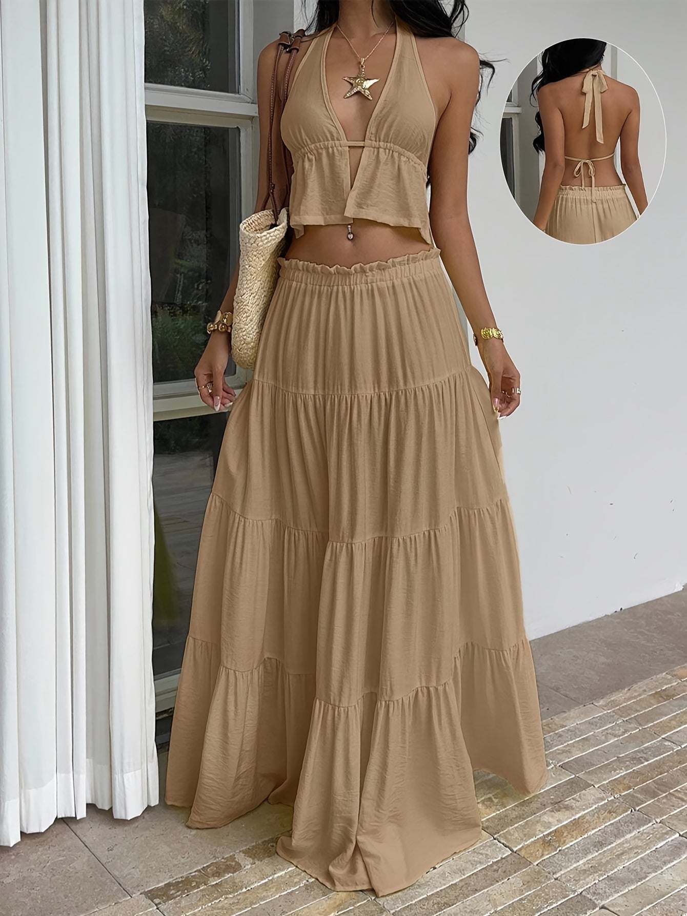 Women's Romantic Vacation Khaki Elegant Halter Top & Layered Ruffle Maxi Skirt Set | Flowing Layered Slim Fit, Full of Atmosphere, Ideal for Beach Strolling and Stunning Seaside Looks
